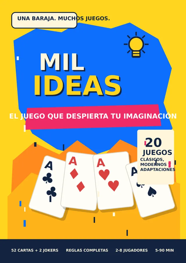 Portada del catálogo MIL IDEAS: cuatro ases sobre fondo amarillo y azul