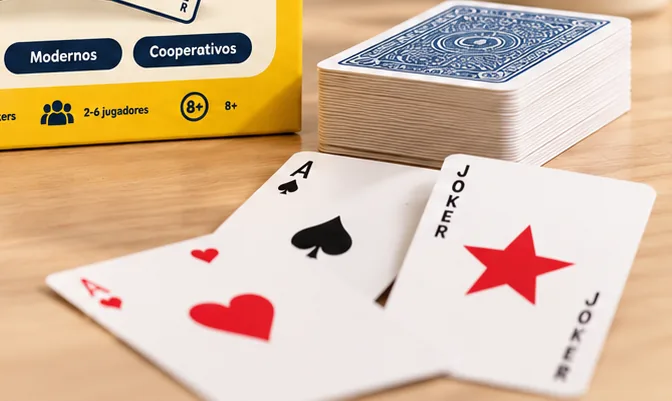 Cartas y un mazo boca abajo sobre una mesa de madera